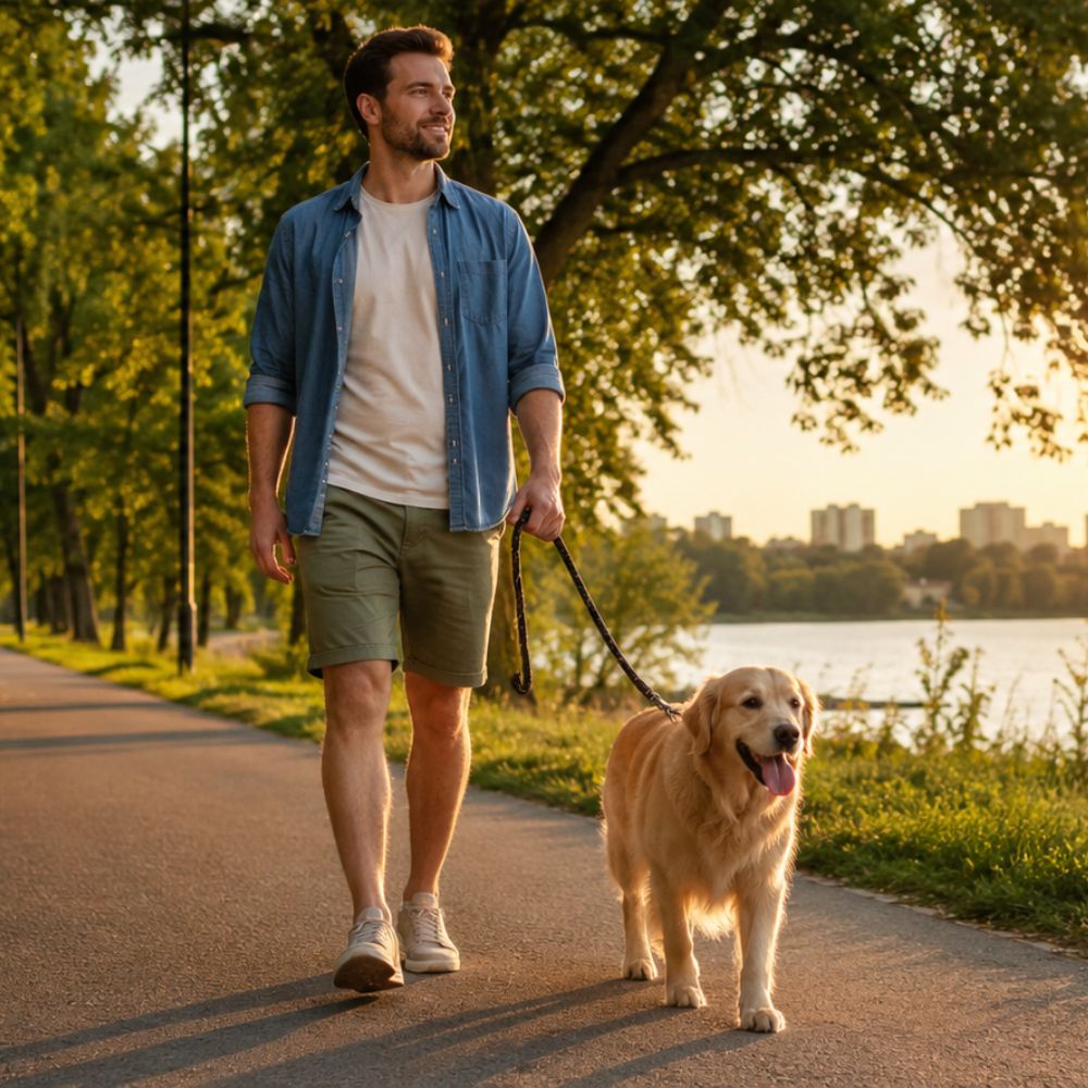 A man walks a golden retriever on a paved path in a park at sunset, wearing a blue button-up shirt, white t-shirt, and olive green shorts.