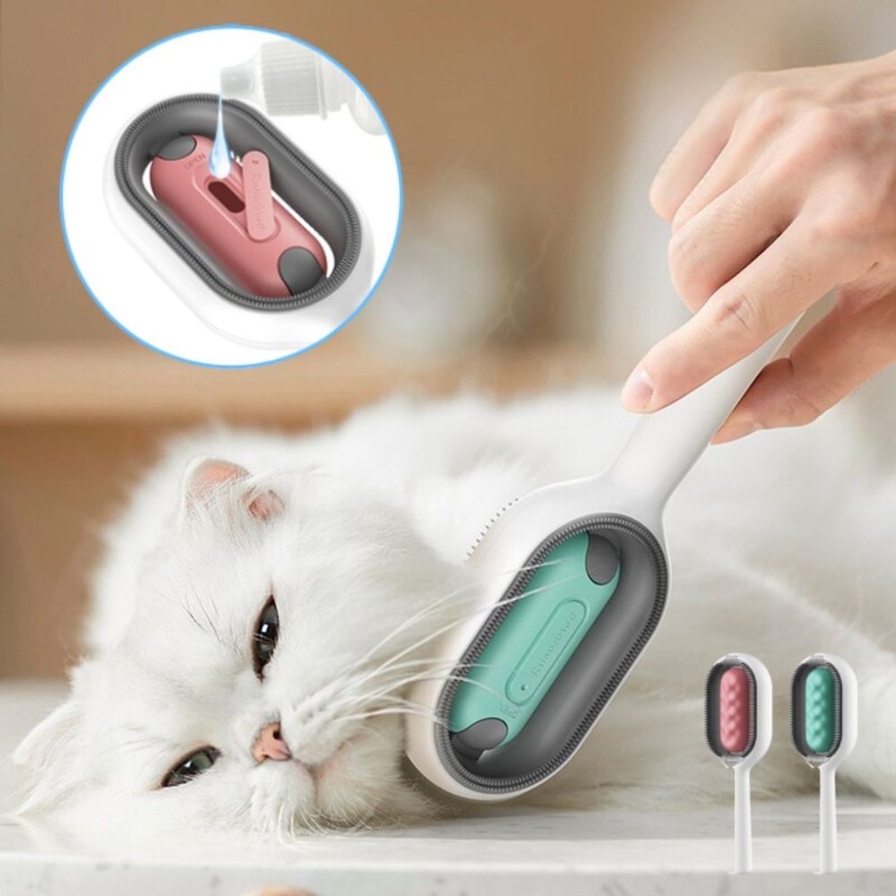 Pet grooming brush with a close-up inset, used on a white cat.