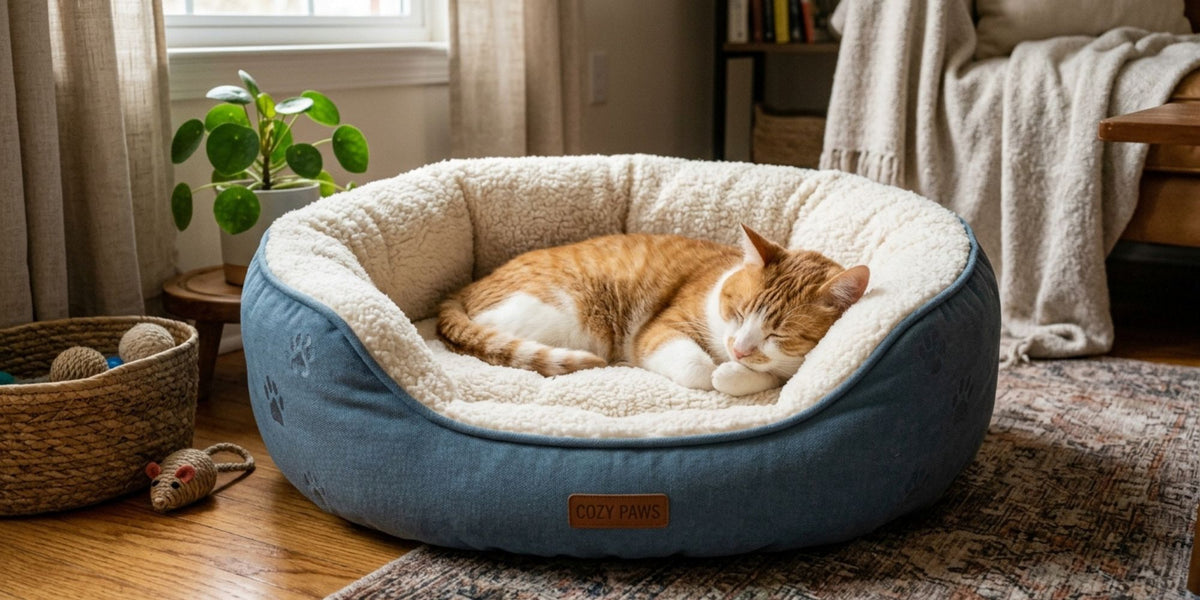 An orange and white cat sleeps comfortably inside a round blue pet bed with a cream sherpa lining, placed on a patterned rug in a cozy living room setting.