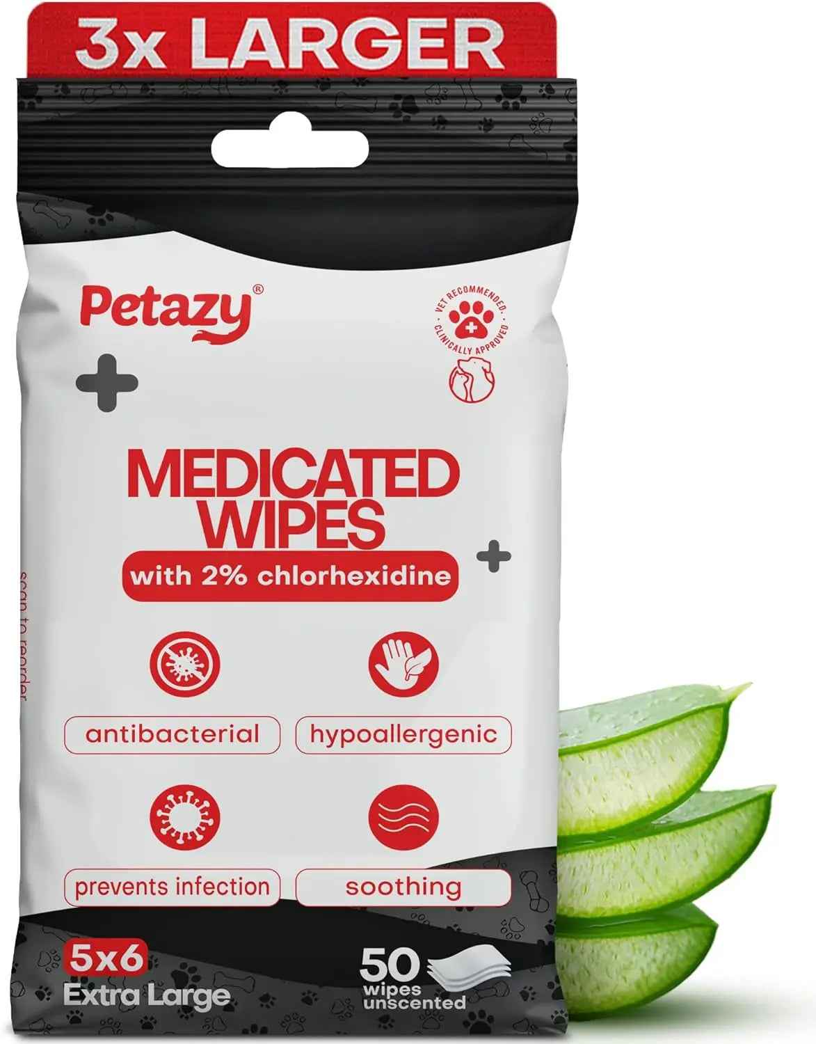 Chlorhexidine Medicated Pet Wipes XL for Dogs & Cats Antibacterial 50ct