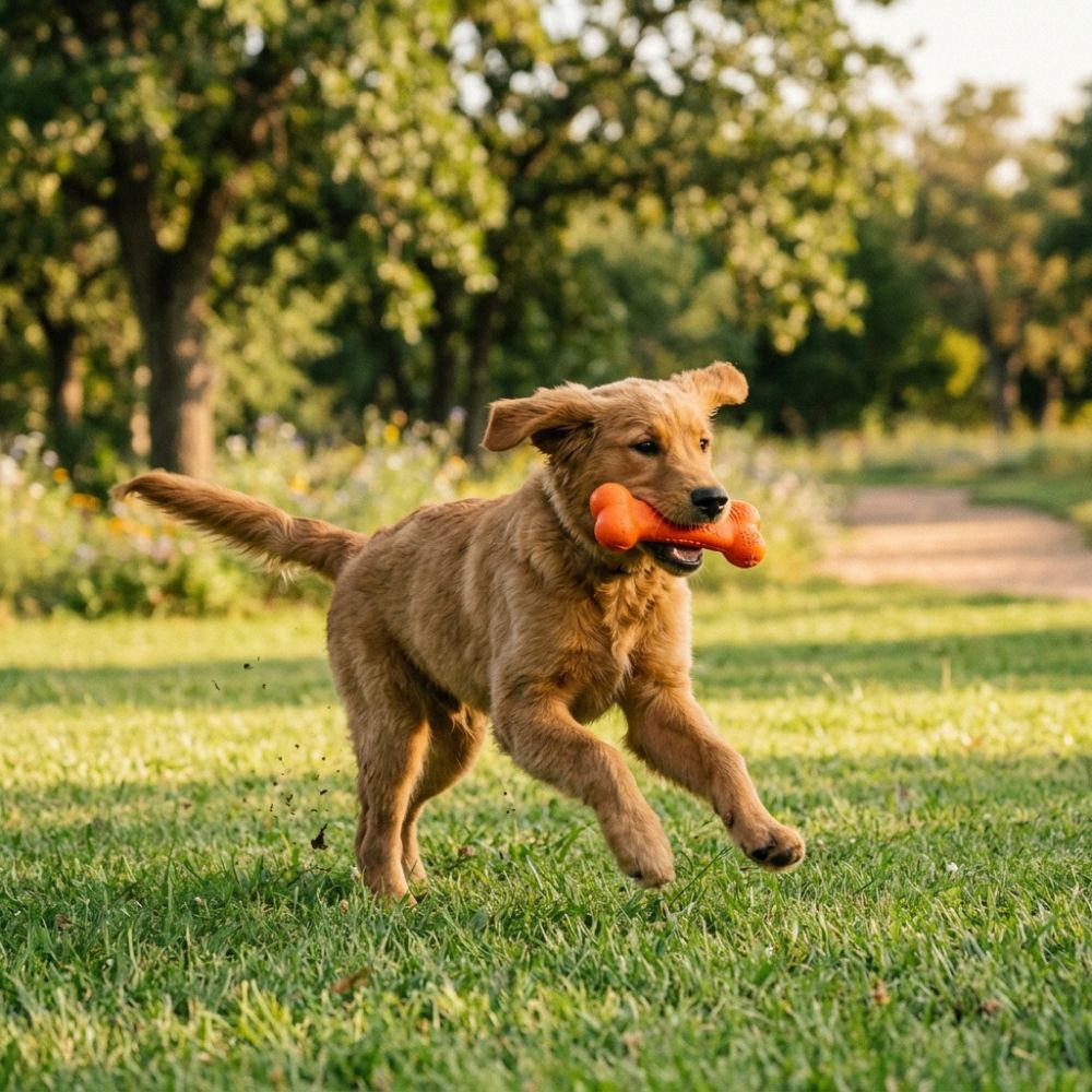 A golden retriever dog running across a grassy lawn in a park, holding an orange bone-shaped toy in its mouth.