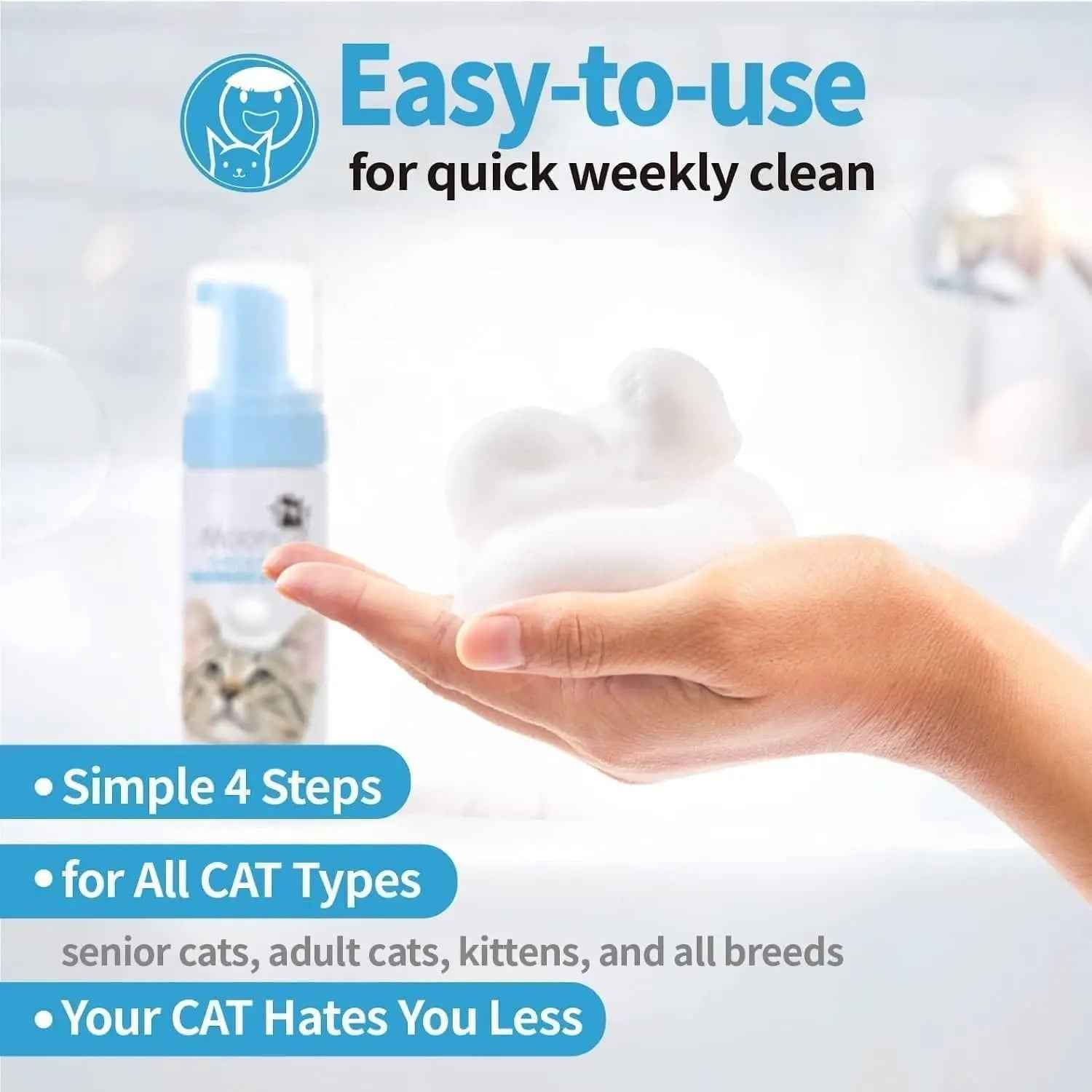 Waterless No-Rinse Cat Shampoo Foam & Brush Kit – Hypoallergenic, 5oz