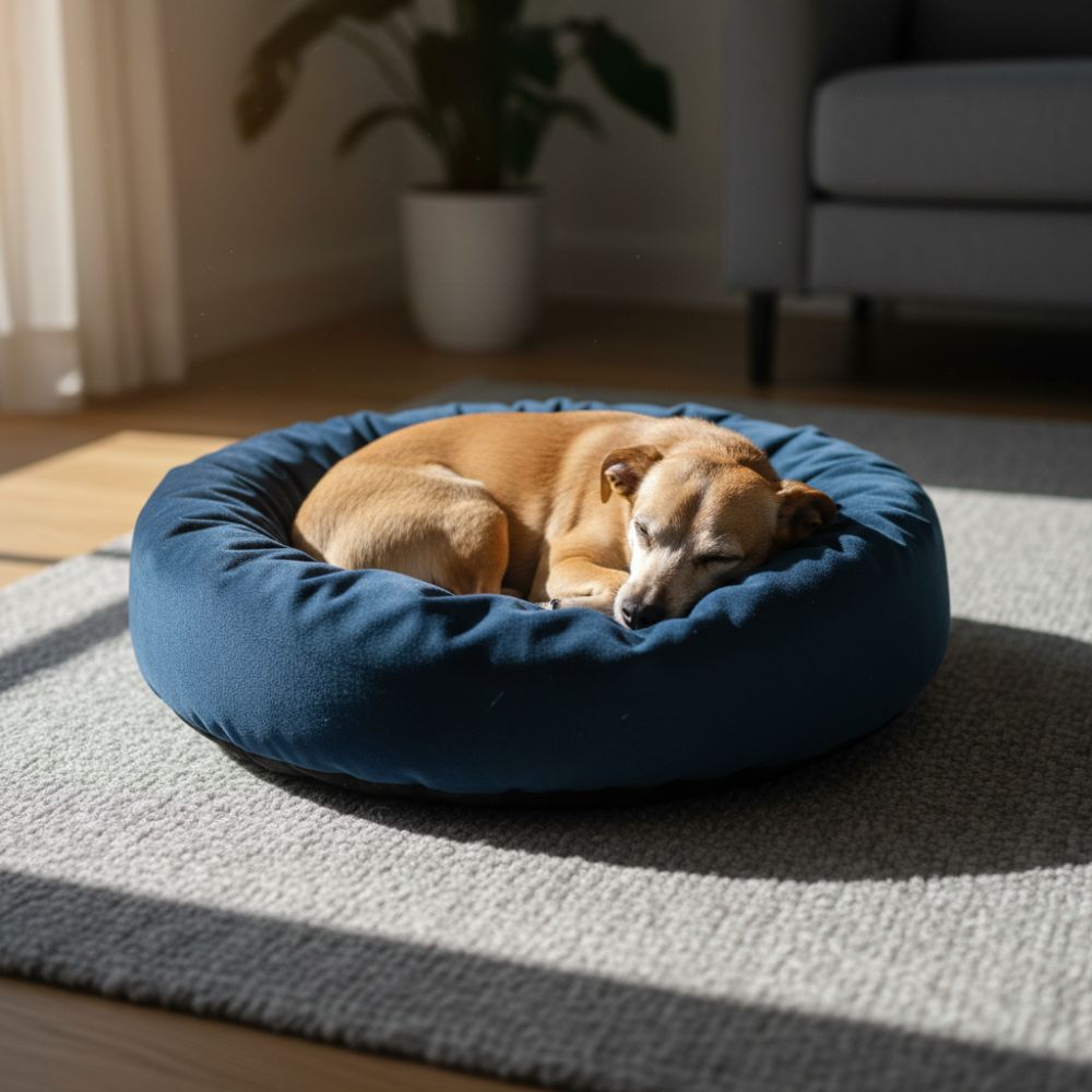 Dog resting on a blue donut bed in a home setting
